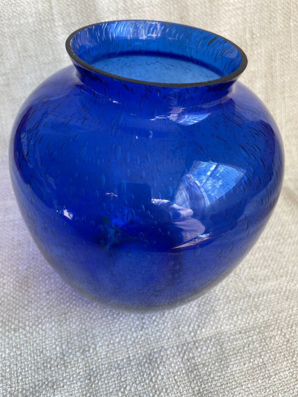 Vintage Blue Controlled Bubbles Chunky Glass Vase 8”